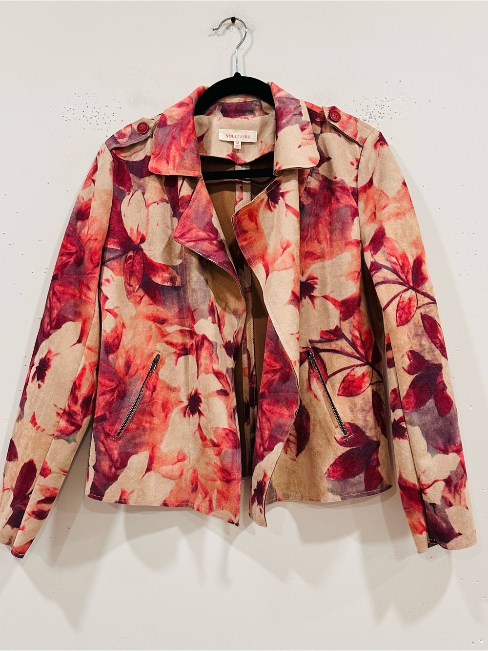 Solitaire Anthropologie Women's Faux Suede Open Floral Jacket Size M